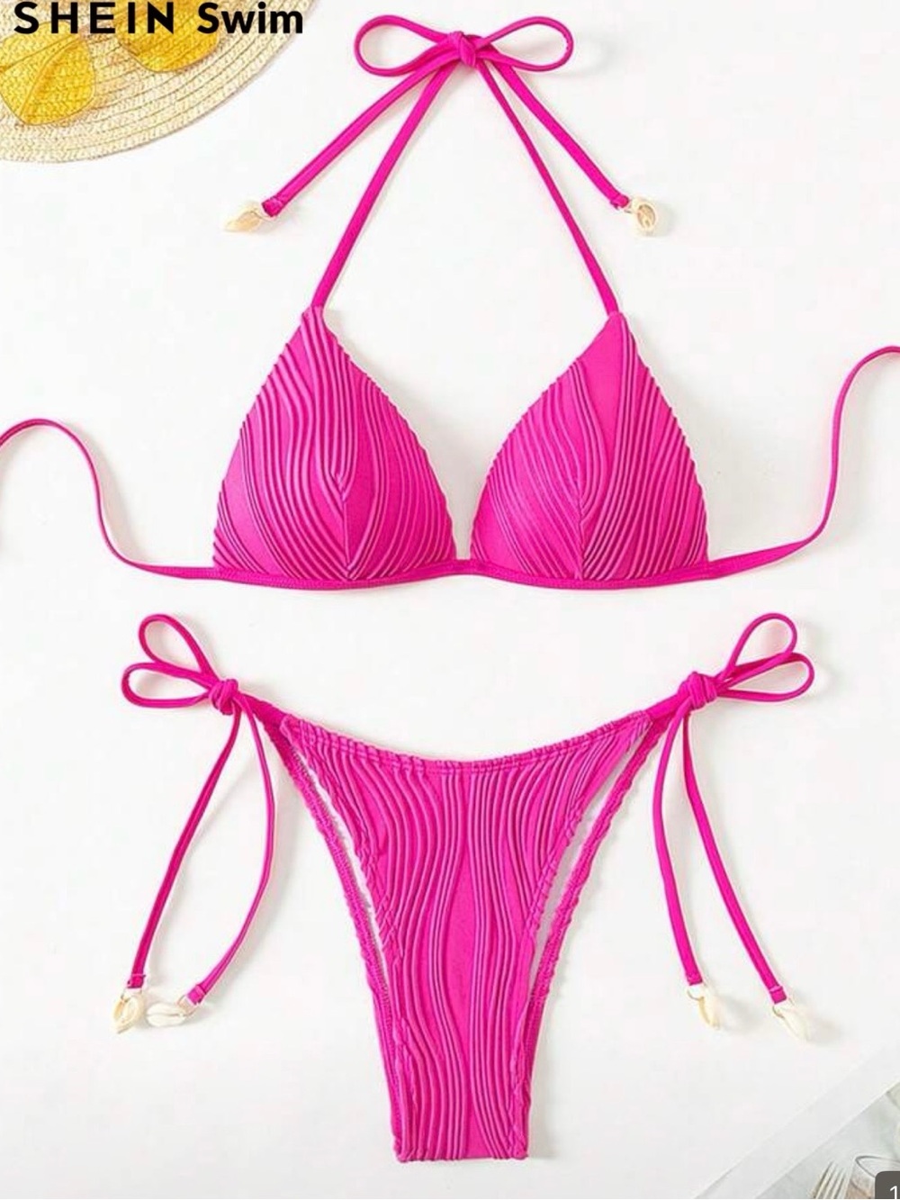 SHEIN Hot Pink Ribbed Triangle Tie-Side Bikini